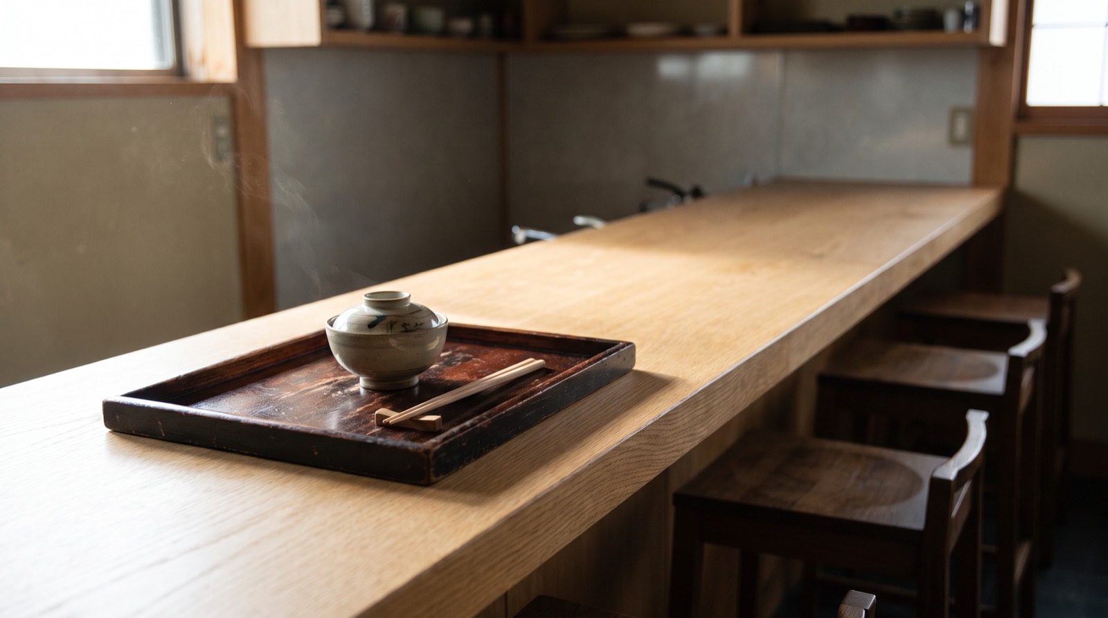 A single lunch tray set down on a counter at midday.