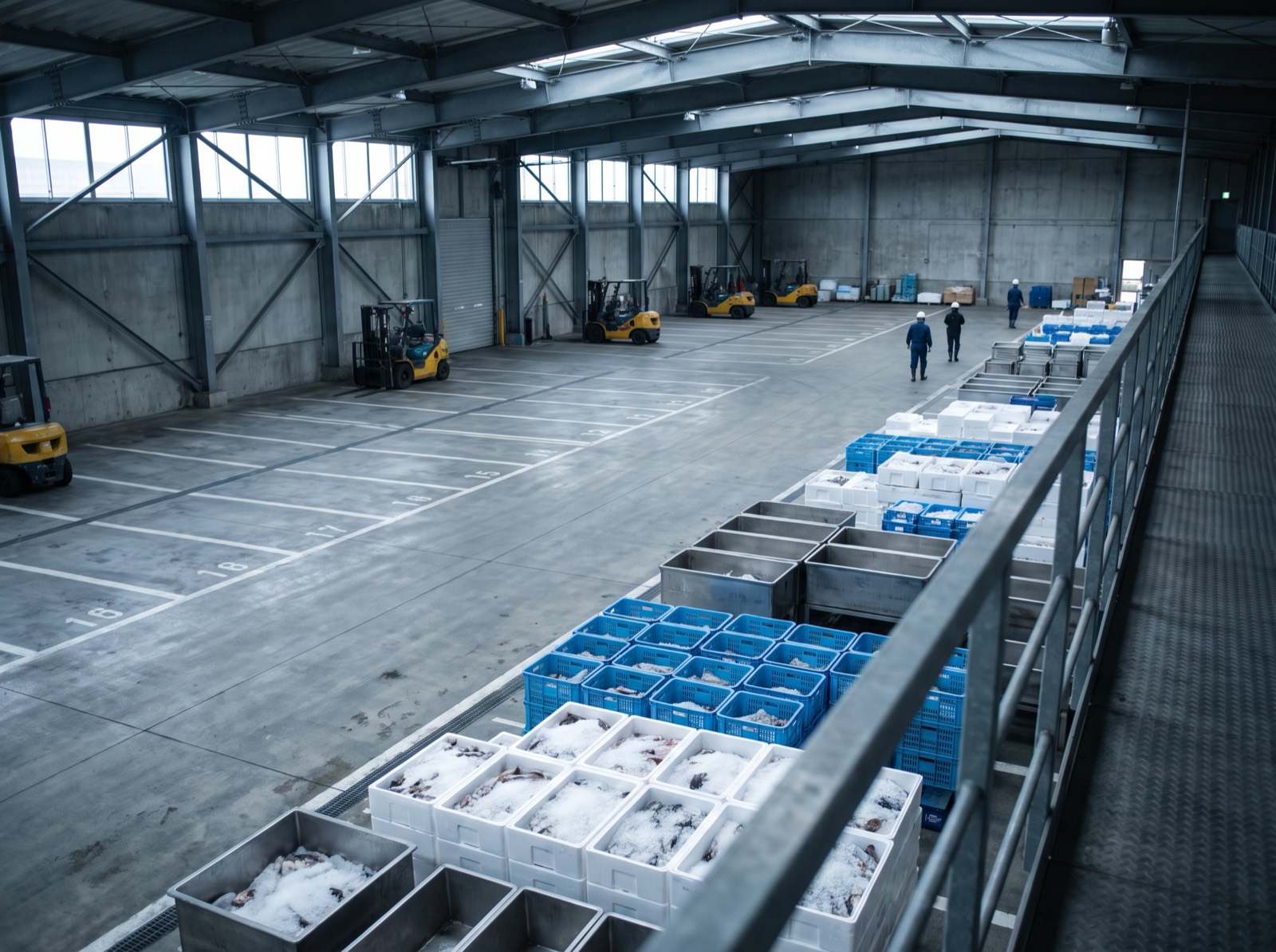 A closed, temperature-controlled wholesale seafood hall seen from above.