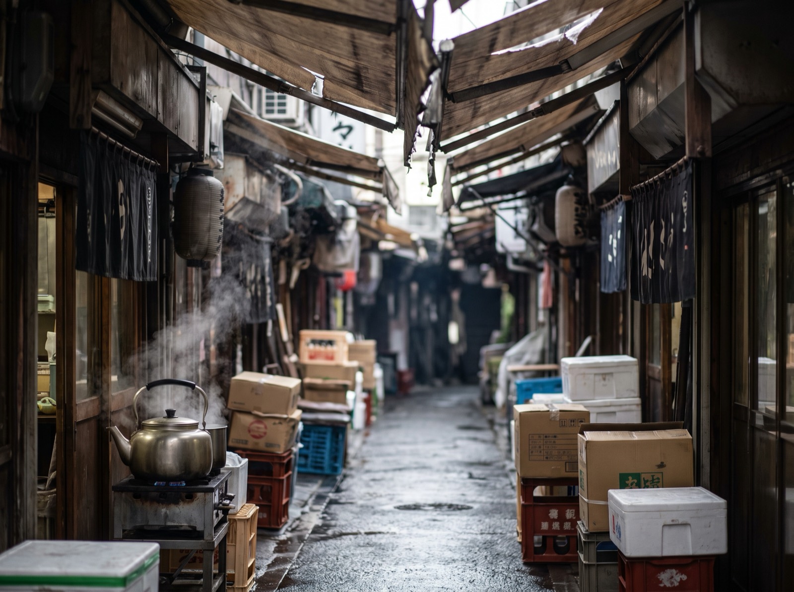 A dense lane of small shopfronts in the early morning.