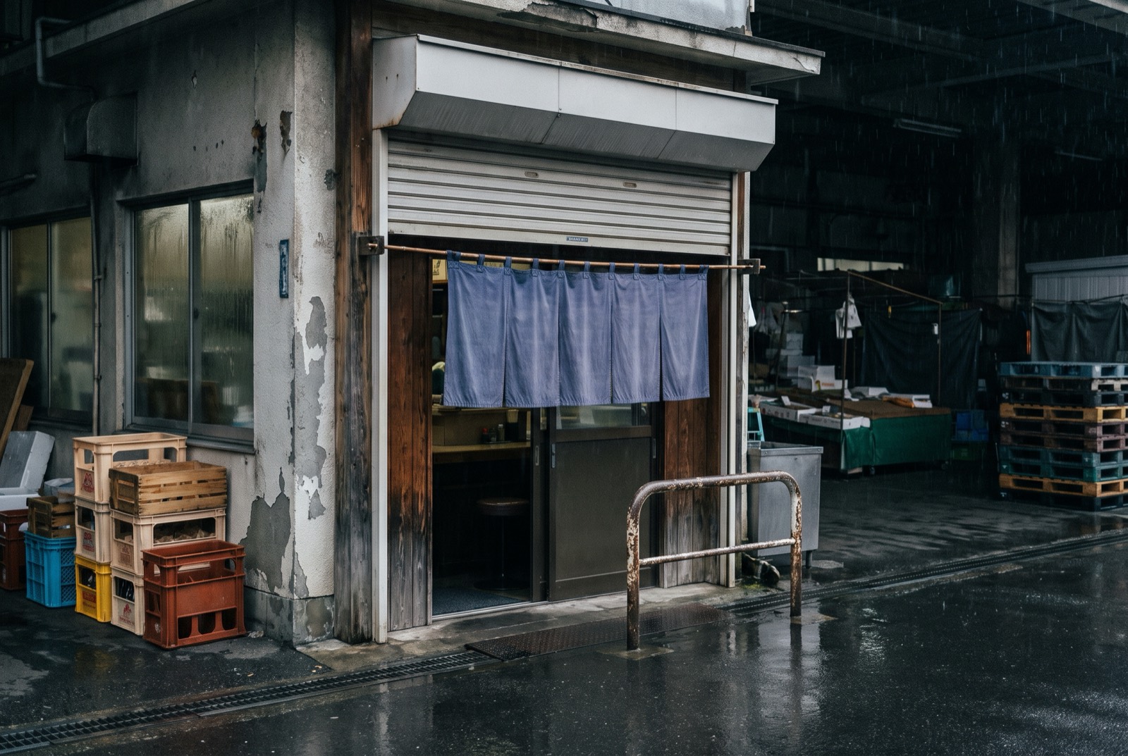 A small shop front beside a wholesale market in the early morning.
